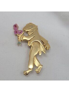 Vtg Ultracraft Gold-Tone Frog Pin Pink Enamel Flowers Suit Coat Whimsical 2"